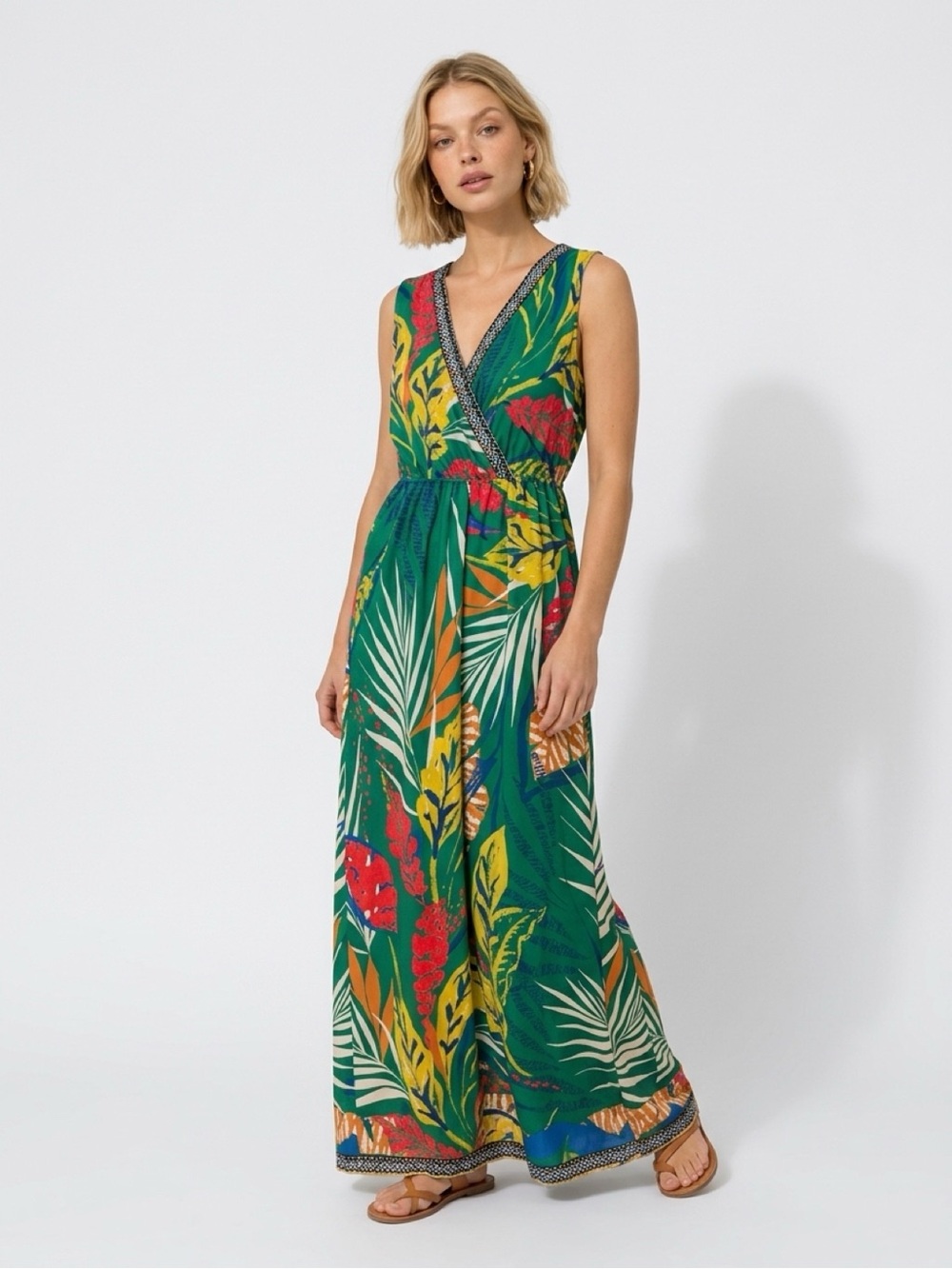 FLYING TOMATO Tropical Surplice Neckline Wide Pants Jumpsuit Sz S